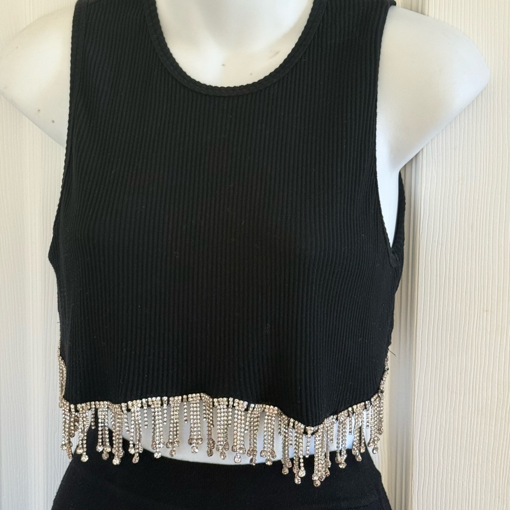Black Ribbed Crop Top with Rhinestone Fringe